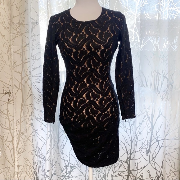 A.L.C ALC Scarlett crewneck long sleeve nude black lace mini dress - Picture 3 of 12